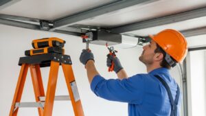 Technician repairing garage door in Rockville MD