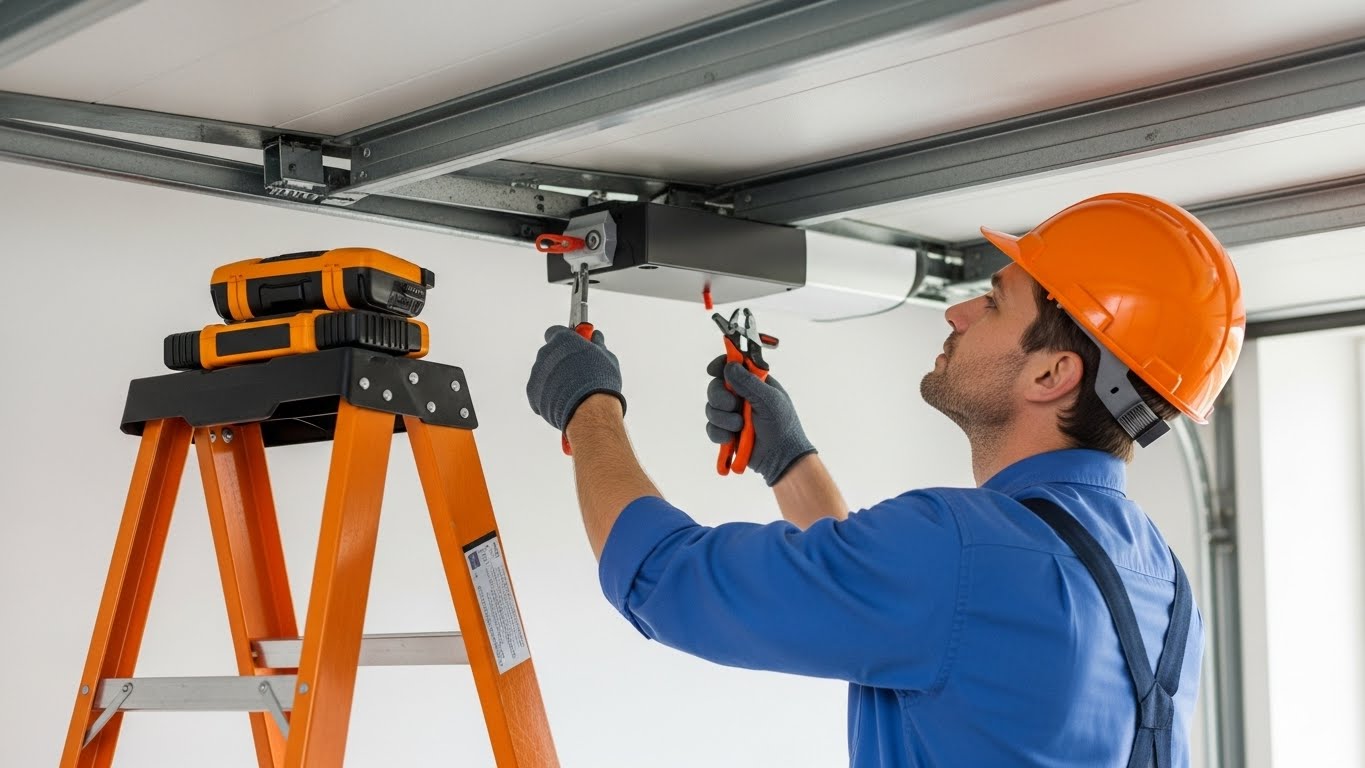 Technician repairing garage door in Rockville MD